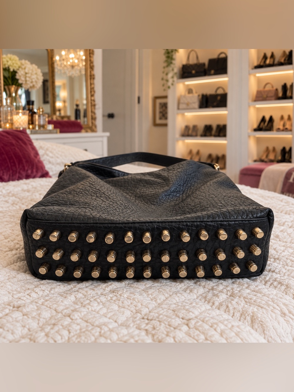LAGGO Mara Black Leather Studded Hobo Bag